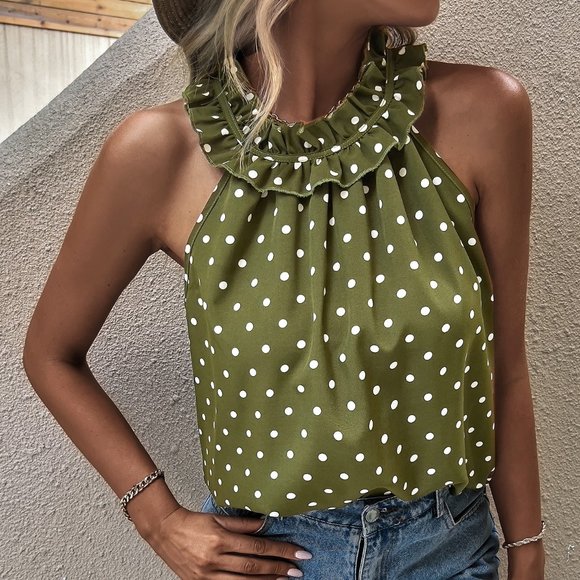 Tops - New Polka Dot Print Frill Trim Blouse Green